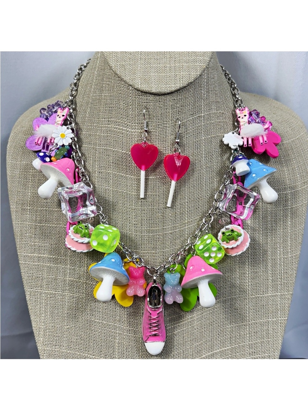 Charm Necklace & Heart Dangle Earrings Set Novelty Multicolor Acrylic Resin
